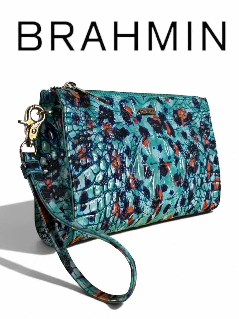 Brahmin Melbourne Daisy Lg Zip Wristlet Frisky Blue Orange Croc Embossed Leather